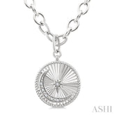 1/20 Ctw Circle Fluted Medallion Round Cut Diamond Pirouette Moon & Star Fashion Pendant With Chain in Sterling Silver