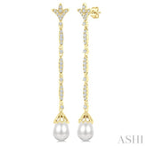 9X7 MM Marquise Link Teardrop Cultured Pearl and 1/2 Ctw Round Cut Diamond Long Earrings in 14K Yellow Gold