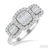 3/4 Ctw Cushion Shape Past, Present & Future Fusion Baguette and Round Cut Diamond Engagement Ring in 14K White Gold