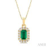 5x3 MM Octagonal Shape Emerald and 1/20 Ctw Round Cut Diamond Halo Precious Pendant with Chain in 10K Yellow Gold