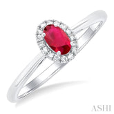 5x3 MM Oval Shape Ruby and 1/20 Ctw Round Cut Diamond Halo Precious Ring in 14K White Gold