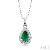 5x3 MM Pear Shape Emerald and 1/20 Ctw Round Cut Diamond Halo Precious Pendant with Chain in 10K White Gold