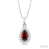 5x3 MM Pear Shape Garnet and 1/20 Ctw Round Cut Diamond Halo Semi-Precious Pendant with Chain in 10K White Gold
