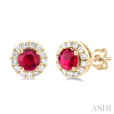 3.25 MM Round Ruby and 1/10 Ctw Single Cut Diamond Halo Precious Stud Earrings in 10K Yellow Gold