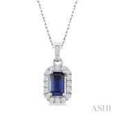 5x3 MM Octagonal Shape Sapphire and 1/20 Ctw Round Cut Diamond Halo Precious Pendant with Chain in 10K White Gold