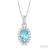 5x3 MM Oval Shape Aquamarine and 1/20 Ctw Round Cut Diamond Halo Semi-Precious Pendant with Chain in 10K White Gold