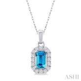 5x3 MM Octagonal Shape Blue Topaz and 1/20 Ctw Round Cut Diamond Halo Semi-Precious Pendant with Chain in 10K White Gold