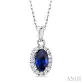 5x3 MM Oval Shape Sapphire and 1/20 Ctw Round Cut Diamond Halo Precious Pendant with Chain in 10K White Gold