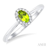 5x3 MM Oval Shape Peridot and 1/20 Ctw Round Cut Diamond Halo Semi-Precious Ring in 10K White Gold