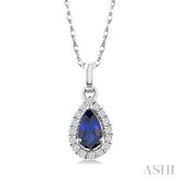 5x3 MM Pear Shape Sapphire and 1/20 Ctw Single Cut Diamond Halo Precious Pendant with Chain in 10K White Gold