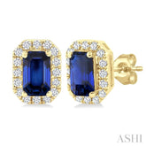 5x3 MM Octagonal Shape Sapphire and 1/8 Ctw Round Cut Diamond Halo Precious Stud Earrings in 14K Yellow Gold