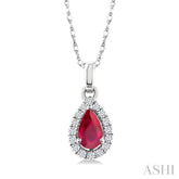 5x3 MM Pear Shape Ruby and 1/20 Ctw Round Cut Diamond Halo Precious Pendant with Chain in 14K White Gold