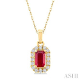 5x3 MM Octagonal Shape Ruby and 1/20 Ctw Single Cut Diamond Halo Precious Pendant with Chain in 10K Yellow Gold