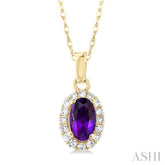 5x3 MM Oval Shape Amethyst and 1/20 Ctw Round Cut Diamond Halo Semi-Precious Pendant with Chain in 10K Yellow Gold