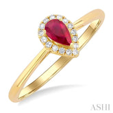 5x3 MM Pear Shape Ruby and 1/20 Ctw Round Cut Diamond Halo Precious Ring in 10K Yellow Gold