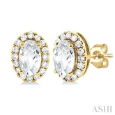 5x3 MM Oval Shape White Topaz and 1/8 Ctw Single Cut Diamond Halo Semi-Precious Stud Earrings in 14K Yellow Gold