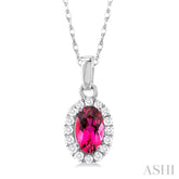 5x3 MM Oval Shape Pink Tourmaline and 1/20 Ctw Round Cut Diamond Halo Semi-Precious Pendant with Chain in 10K White Gold