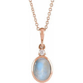 14K Rose Gold 8x6 mm Natural Rainbow Moonstone & .03 CT Natural Diamond 16-18" Necklace
