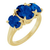 14K Yellow Gold 9x7 mm Oval Lab-Grown Blue Sapphire Three-Stone Ring