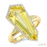 22X9 MM Evoque Gemstones Shield Shape Lemon Quartz and 1/4 Ctw Round Cut Diamond Semi-Precious Ring in 14K Yellow Gold
