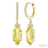 12X5 MM Evoque Gemstones Hexagon Shape Lemon Quartz and 1/6 Ctw Round Cut Diamond Semi-Precious Earrings in 10K Yellow Gold