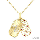 1 MM Round Ruby and 1/50 Ctw Fluted Texture & Cross Round Cut Diamond Precious Pendant With Chain in 10K Yellow Gold