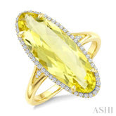 22X8 MM Oval Shape Lemon Quartz and 1/5 Ctw Round Cut Diamond Semi-Precious Ring in 14K Yellow Gold