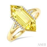 16X6 MM Evoque Gemstones Hexagon Shape Lemon Quartz and 1/10 Ctw Round Cut Diamond Semi-Precious Ring in 10K Yellow Gold