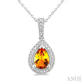 7X5 MM Pear Shape Citrine and 1/50 Ctw Round Cut Diamond Semi-Precious Pendant With Chain in Sterling Silver