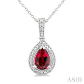 7X5 MM Pear Shape Lab-Created Ruby and 1/50 Ctw Round Cut Diamond Precious Pendant With Chain in Sterling Silver