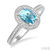 7X5 MM Oval Shape Aquamarine and 1/50 Ctw Round Cut Diamond Semi-Precious Ring in Sterling Silver