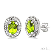 6X4 MM Oval Shape Peridot and 1/50 Ctw Round Cut Diamond Semi-Precious Earrings in Sterling Silver