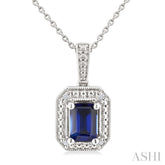 7X5 MM Octagon Shape Lab-Created Sapphire and 1/50 Ctw Round Cut Diamond Precious Pendant With Chain in Sterling Silver