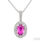 7X5 MM Oval Shape Lab-Created Pink Sapphire and 1/50 Ctw Round Cut Diamond Precious Pendant With Chain in Sterling Silver
