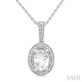 6X4 MM Oval Shape White Topaz and 1/50 Ctw Round Cut Diamond Semi-Precious Pendant With Chain in Sterling Silver