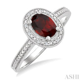 7X5 MM Oval Shape Garnet and 1/50 Ctw Round Cut Diamond Semi-Precious Ring in Sterling Silver