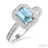 7X5 MM Octagon Shape Aquamarine and 1/50 Ctw Round Cut Diamond Semi-Precious Ring in Sterling Silver