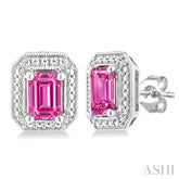 6X4 MM Octagon Shape Lab-Created Pink Sapphire and 1/50 Ctw Round Cut Diamond Precious Earrings in Sterling Silver