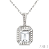6X4 MM Octagon Shape White Topaz and 1/50 Ctw Round Cut Diamond Semi-Precious Pendant With Chain in Sterling Silver
