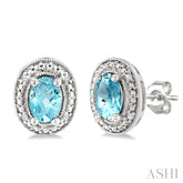 6X4 MM Oval Shape Aquamarine and 1/50 Ctw Round Cut Diamond Semi-Precious Earrings in Sterling Silver