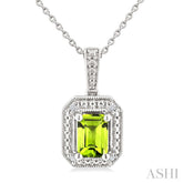 7X5 MM Octagon Shape Peridot and 1/50 Ctw Round Cut Diamond Semi-Precious Pendant With Chain in Sterling Silver