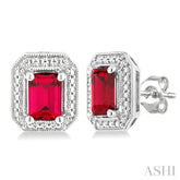 6X4 MM Octagon Shape Lab-Created Ruby and 1/50 Ctw Round Cut Diamond Precious Earrings in Sterling Silver