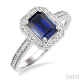 7X5 MM Octagon Shape Lab-Created Sapphire and 1/50 Ctw Round Cut Diamond Precious Ring in Sterling Silver