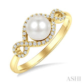 6 MM Cultured Pearl and 1/6 Ctw Round Cut Diamond Petite Halo Ring in 10K Yellow Gold