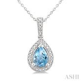7X5 MM Pear Shape Aquamarine and 1/50 Ctw Round Cut Diamond Semi-Precious Pendant With Chain in Sterling Silver
