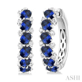 4X3 MM Oval Cut Sapphire and 1/4 Ctw Round Cut Diamond Precious Hoop Earring in 14K White Gold