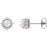 Sterling Silver Cultured White Freshwater Pearl & .08 CTW Natural Diamond Halo-Style Earrings