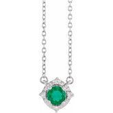 Sterling Silver Lab-Grown Emerald & .04 CTW Natural Diamond Halo-Style 18" Necklace
