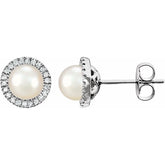 14K White Gold Cultured White Freshwater Pearl & 1/8 CTW Natural Diamond Earrings
