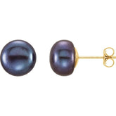14K Yellow Gold 8-9 mm Cultured Black Freshwater Button Pearl Earrings